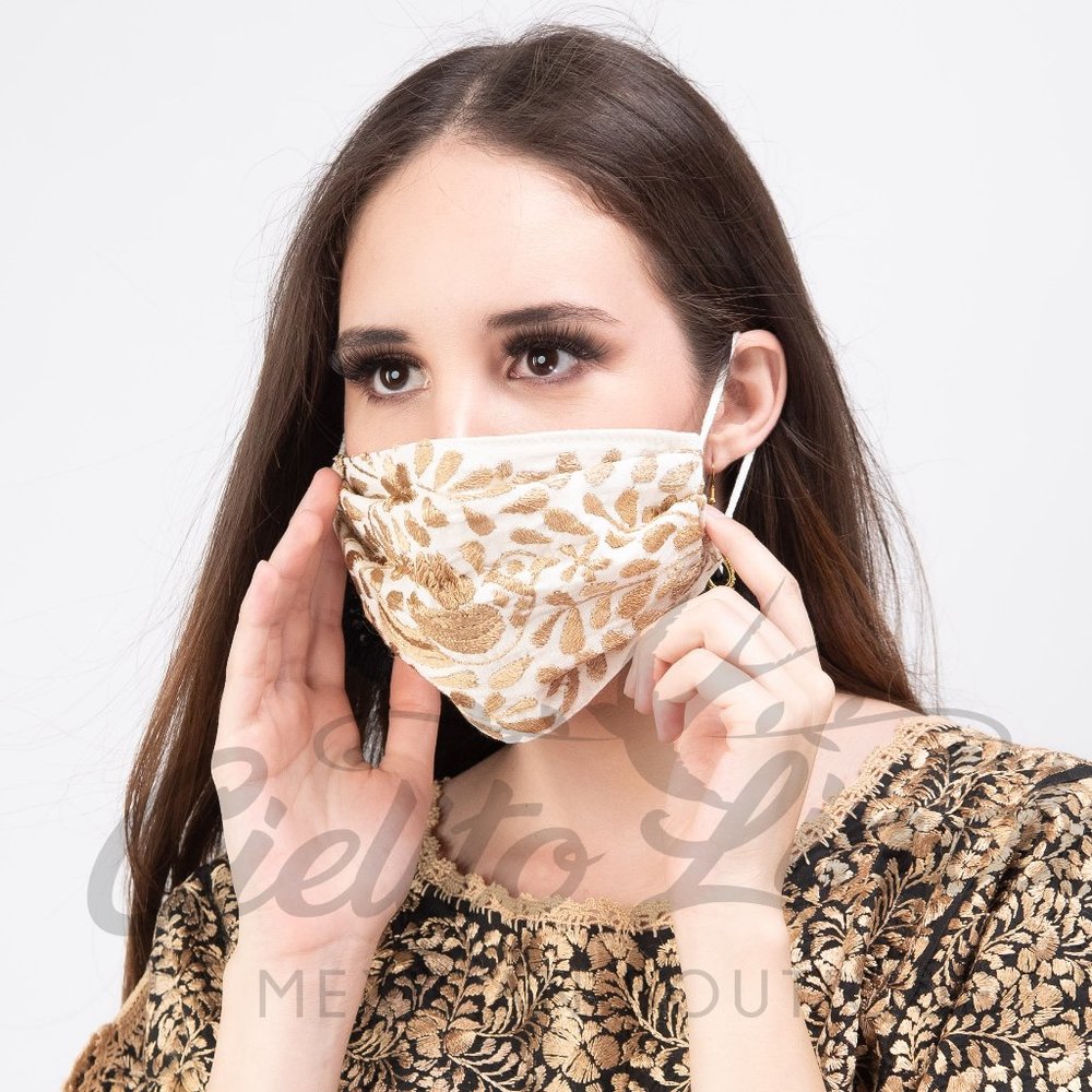 Mexican Handmade Embroidered Cream Face Mask - Picture 5 of 7